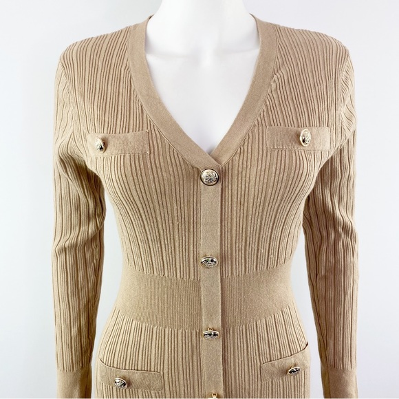 NEW Lipsy London Beige Ribbed Knit Long Sleeve Button Front Sweater Dress Size 8 - Picture 3 of 9